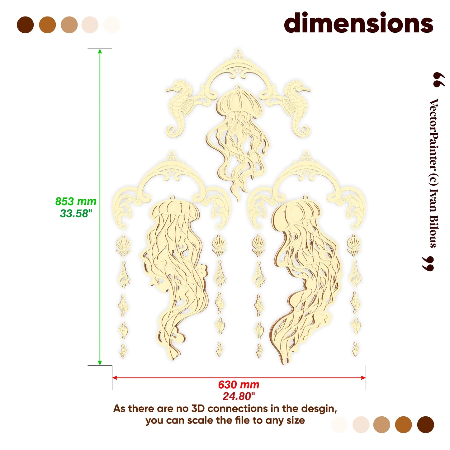 Decorative laser cutwall art design with measurements on a white background