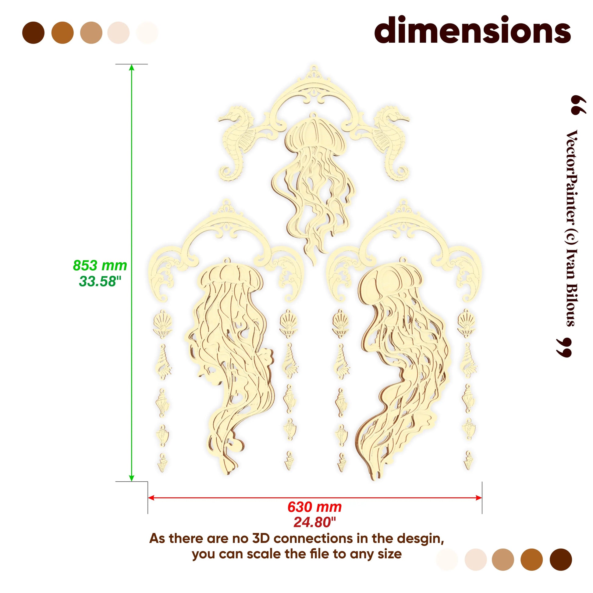 Decorative laser cutwall art design with measurements on a white background