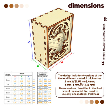 Wooden box with laser-cut design and dimensions on a white background