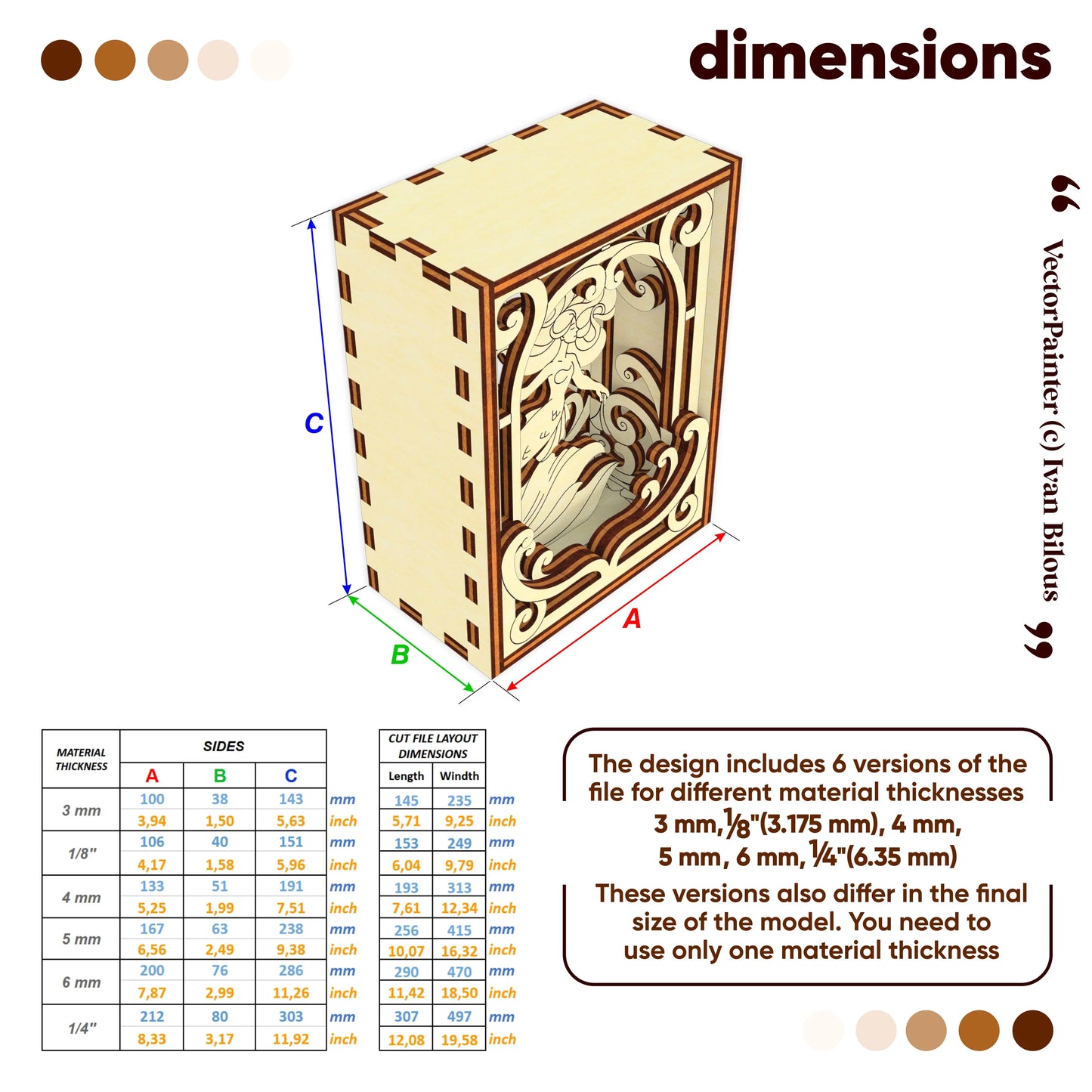 Wooden book nook box with laser cut mermaid and dimensions on a white background