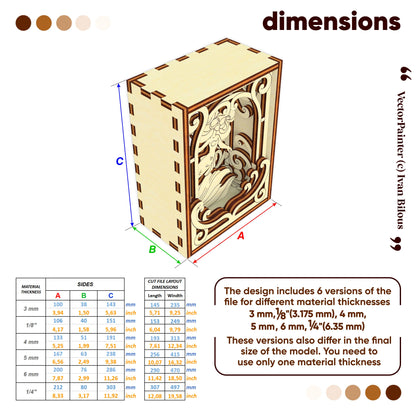 Wooden book nook box with laser cut mermaid and dimensions on a white background
