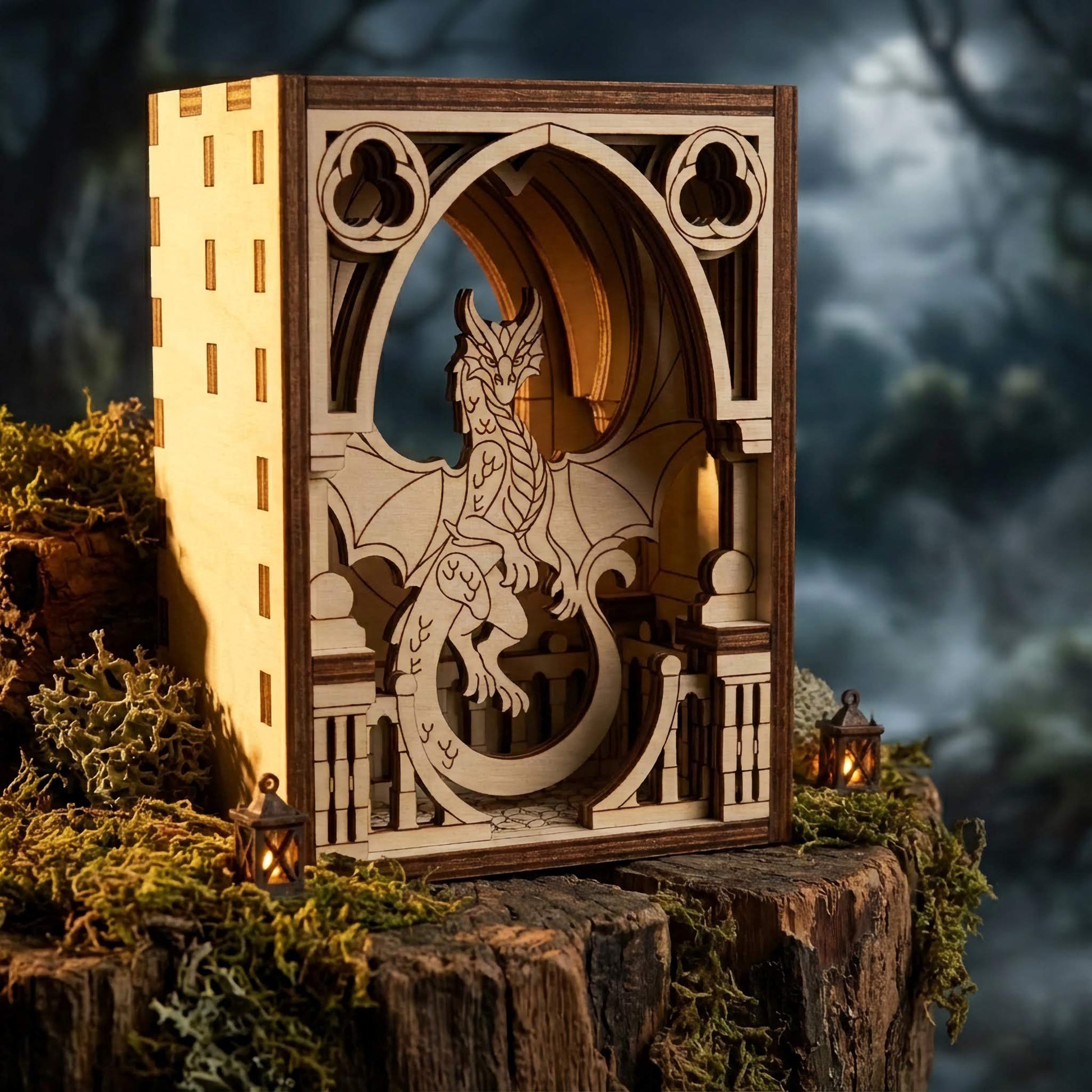 Wooden laser cut dragon sculpture with intricate design on a dark, forest-like background