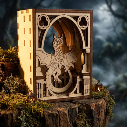 Wooden laser cut dragon sculpture with intricate design on a dark, forest-like background