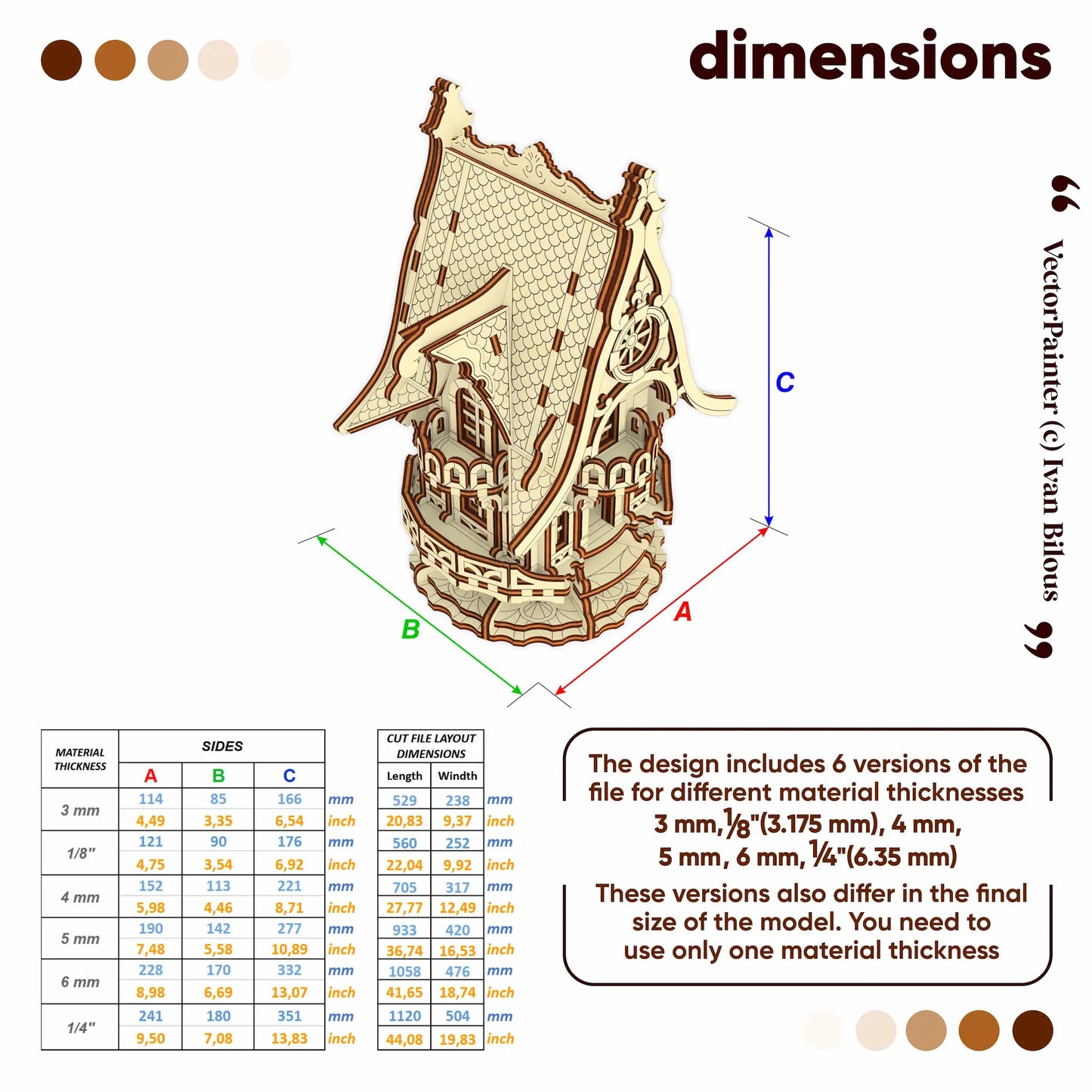 A product information graphic for a laser-cut wooden model of a traditional Middle Eastern house, showing dimensions