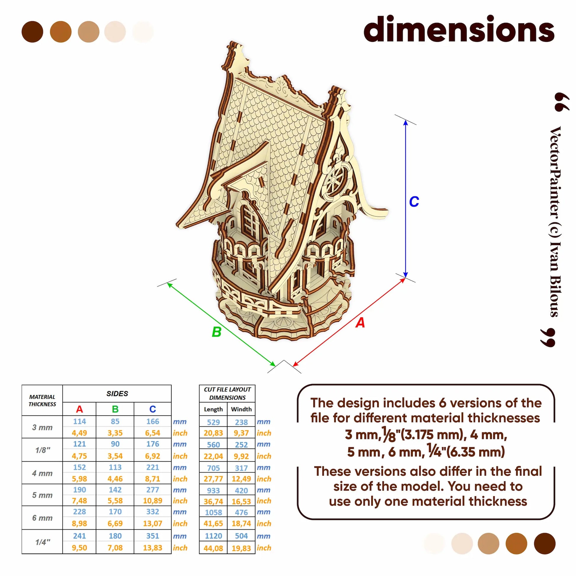 A product information graphic for a laser-cut wooden model of a traditional Middle Eastern house, showing dimensions
