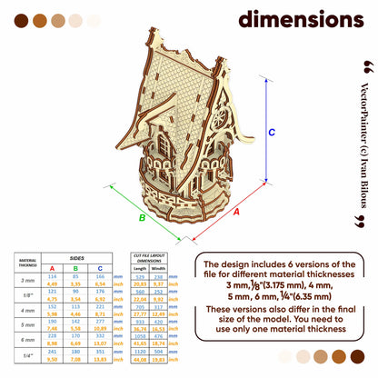 A product information graphic for a laser-cut wooden model of a traditional Middle Eastern house, showing dimensions