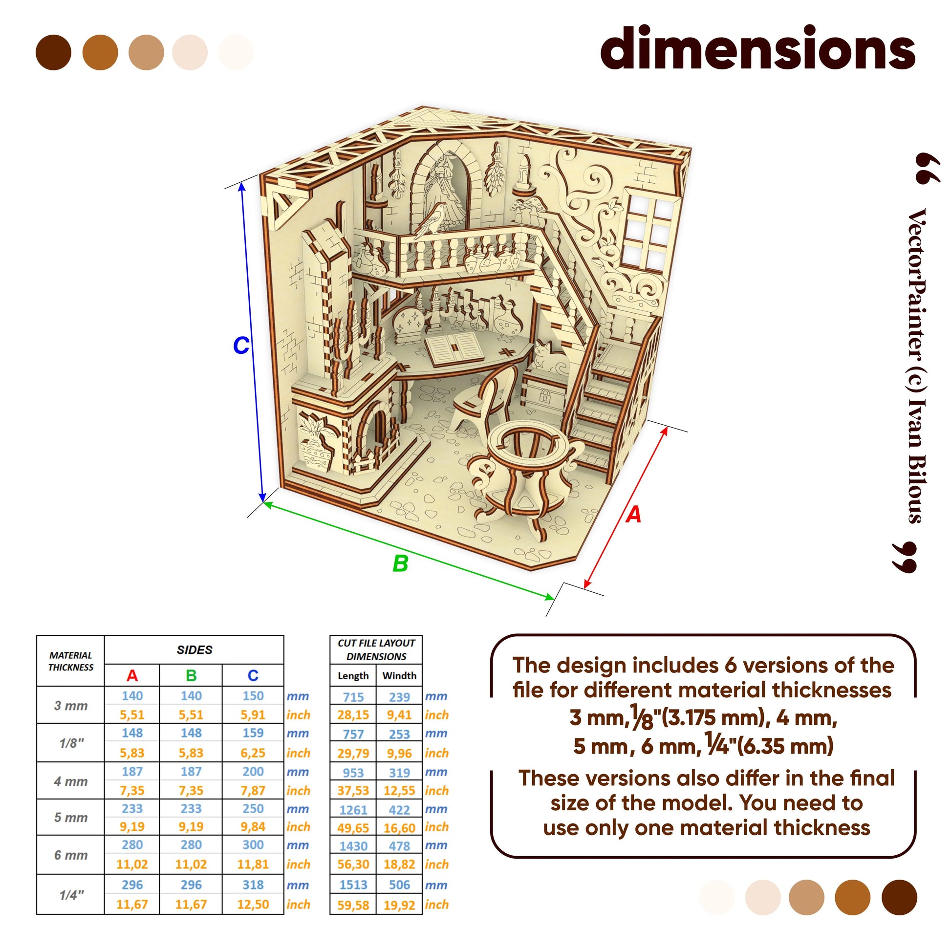 Wooden laser cut book nook model design with dimensions and material thickness options on a white background