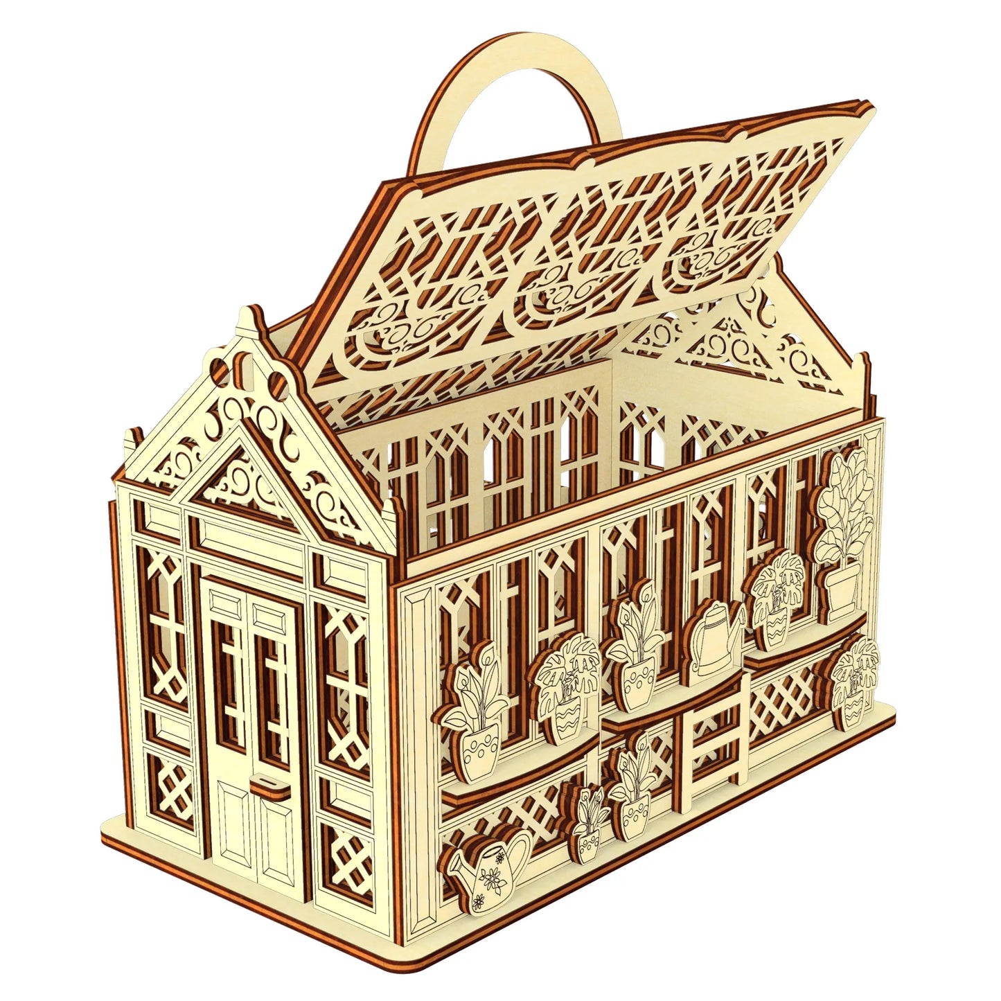3D render of an open laser cut plywood greenhouse basket with a hinged filigree roof, isolated on a white background.