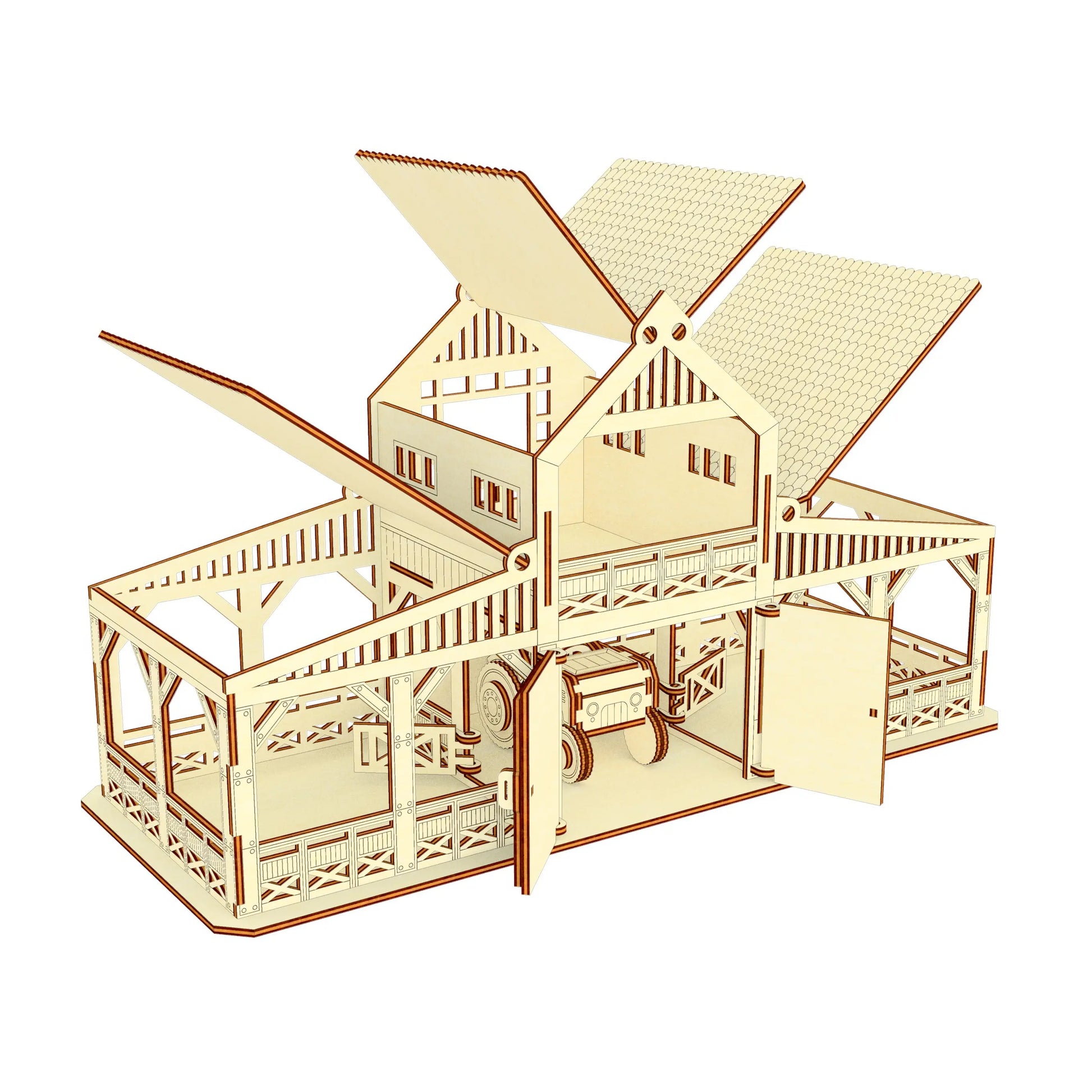 Front angle render of an open miniature wooden stable housing a toy machine, made from clear laser cut plywood.