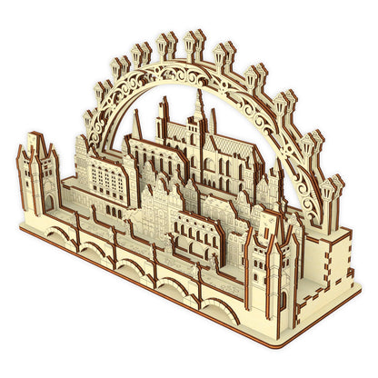 An isolated 3D product render mockup of the beautiful Prague Christmas town scene holiday arch made of laser cut plywood.