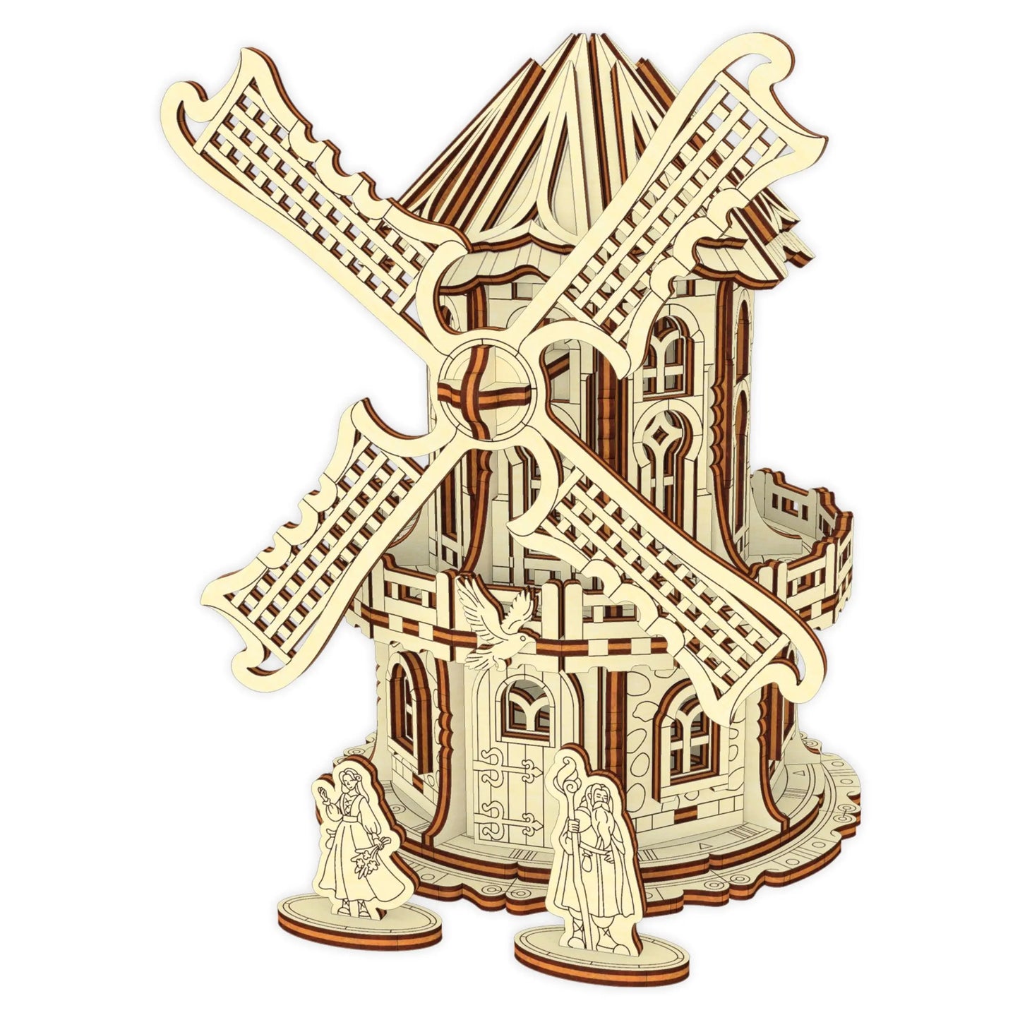 Isolated 3D render of a laser cut plywood windmill model with two tiny character figurines on a plain white background.