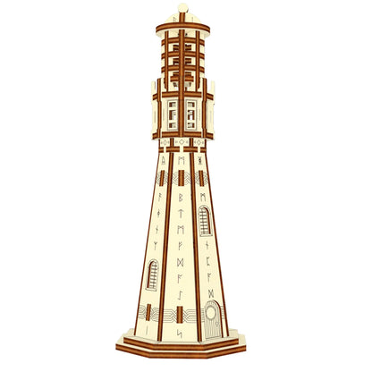Isometric digital illustration of an architectural runic tower craft model made from sleek laser cut plywood.