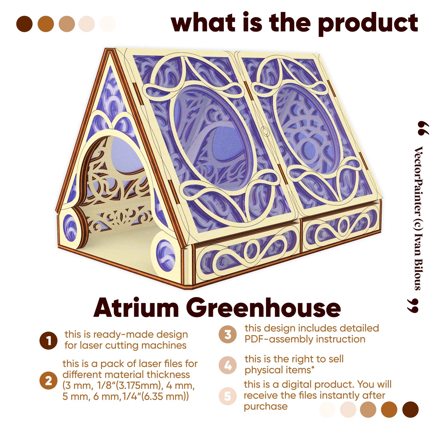 Atrium Greenhouse design for laser cutting machines with product details.