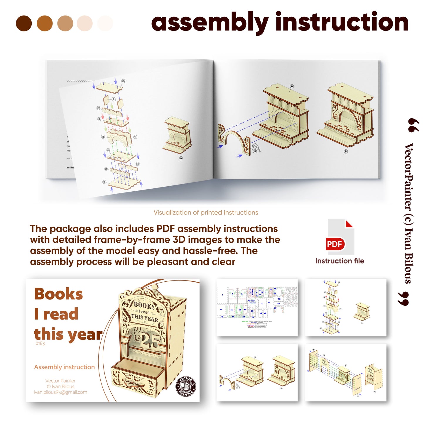 Laser cut book nook digital file showing PDF assembly instructions with step by step 3D diagrams for assembling a wooden bookshelf insert.