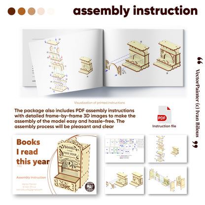 Laser cut book nook digital file showing PDF assembly instructions with step by step 3D diagrams for assembling a wooden bookshelf insert.