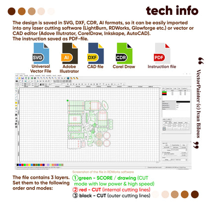 Technical laser cut design software interface with file format icons and a sample design on a grid.