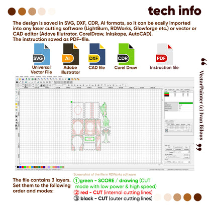 Laser cutting software interface with design file and file format options displayed.