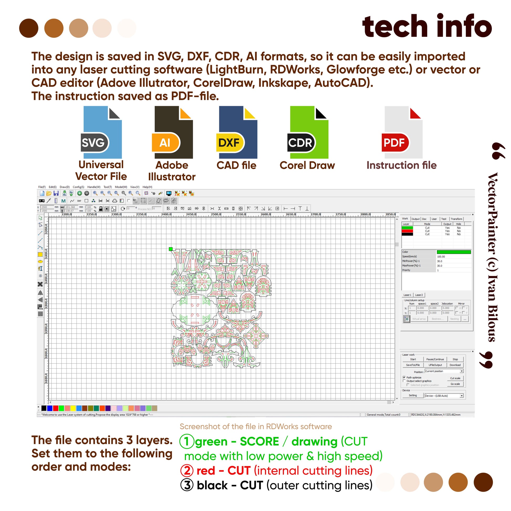 Software interface with design file and technical information on file formats and settings.