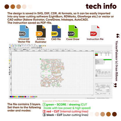 Software interface with design file and technical information on file formats and settings.