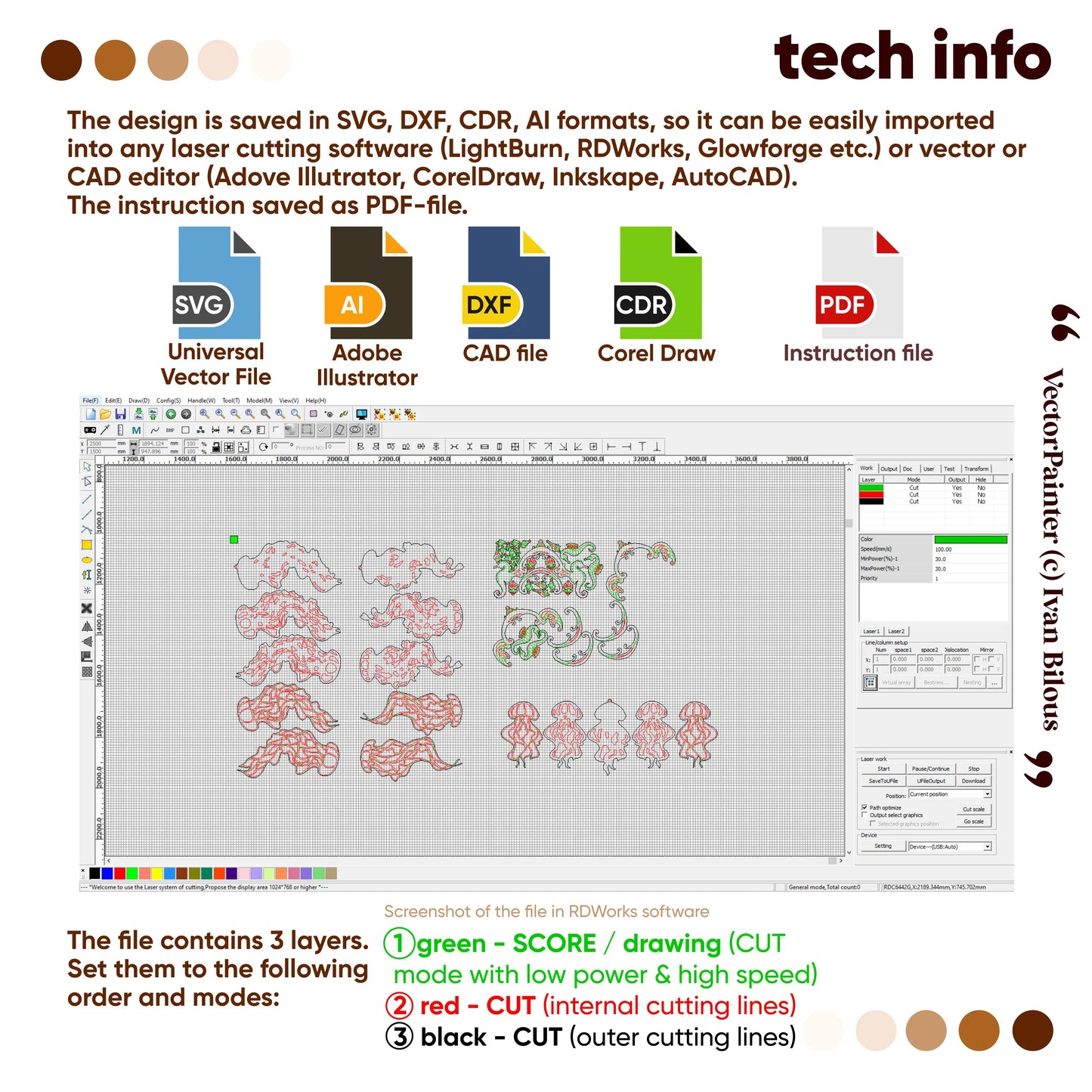 Software interface with laser cut design files and file format icons on a white background