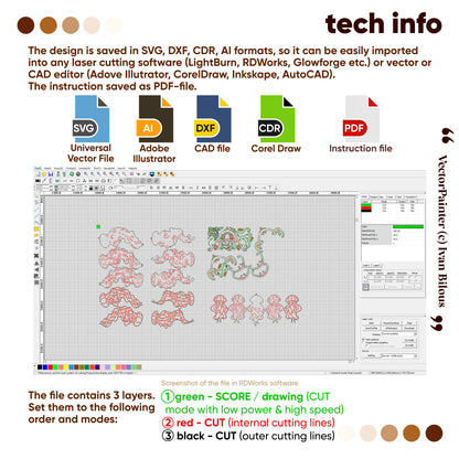Software interface with laser cut design files and file format icons on a white background