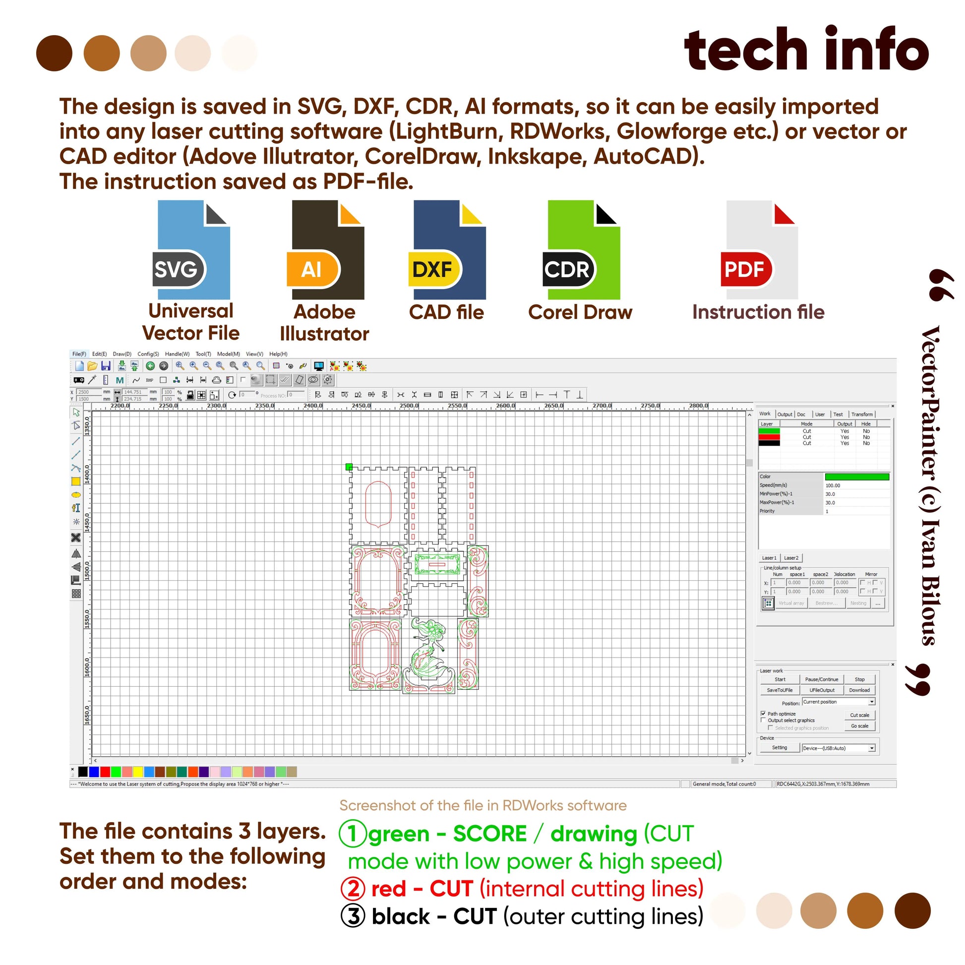 Technical design software interface with file format icons and color swatches.