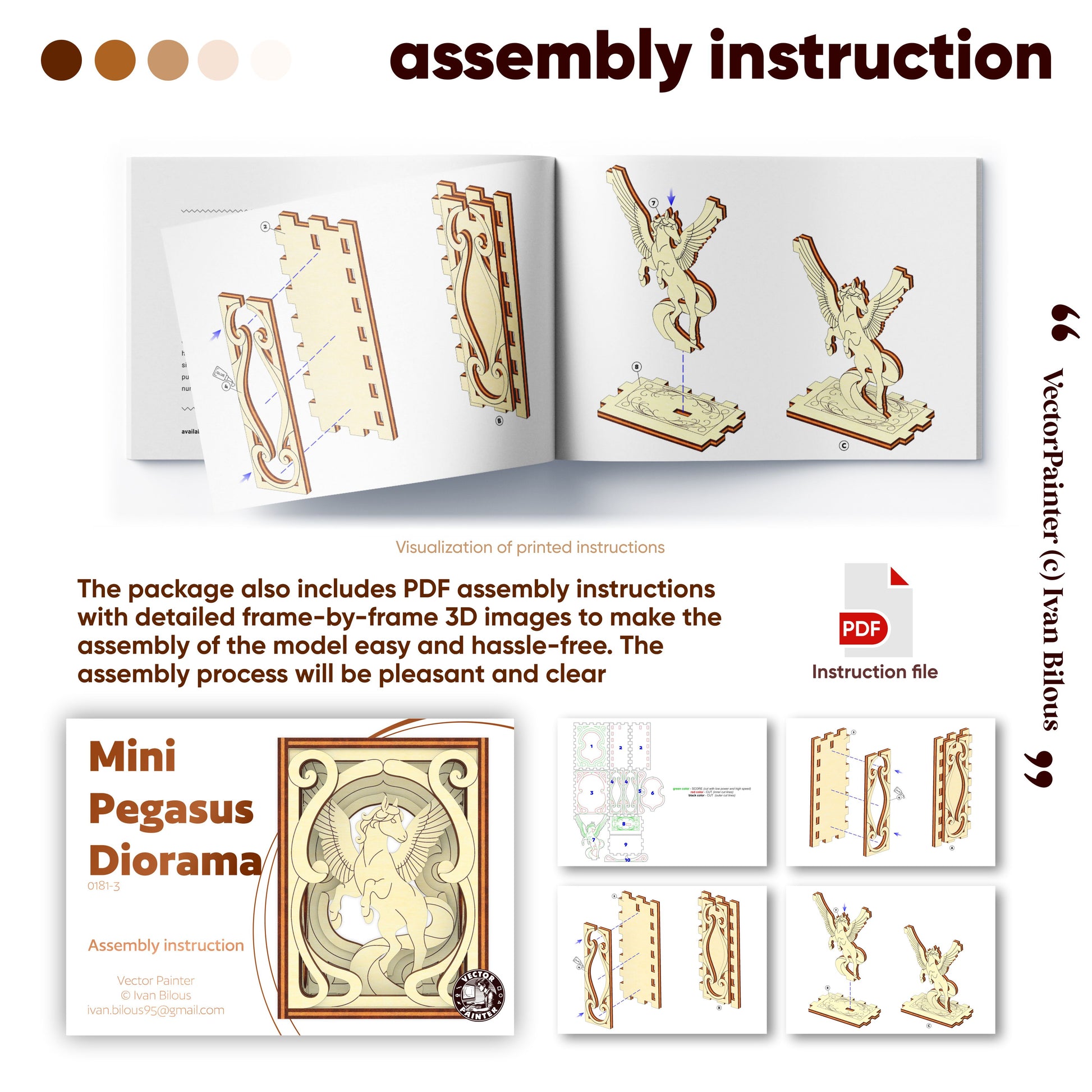 Assembly instruction manual for a mini Pegasus diorama with 3D images and text.