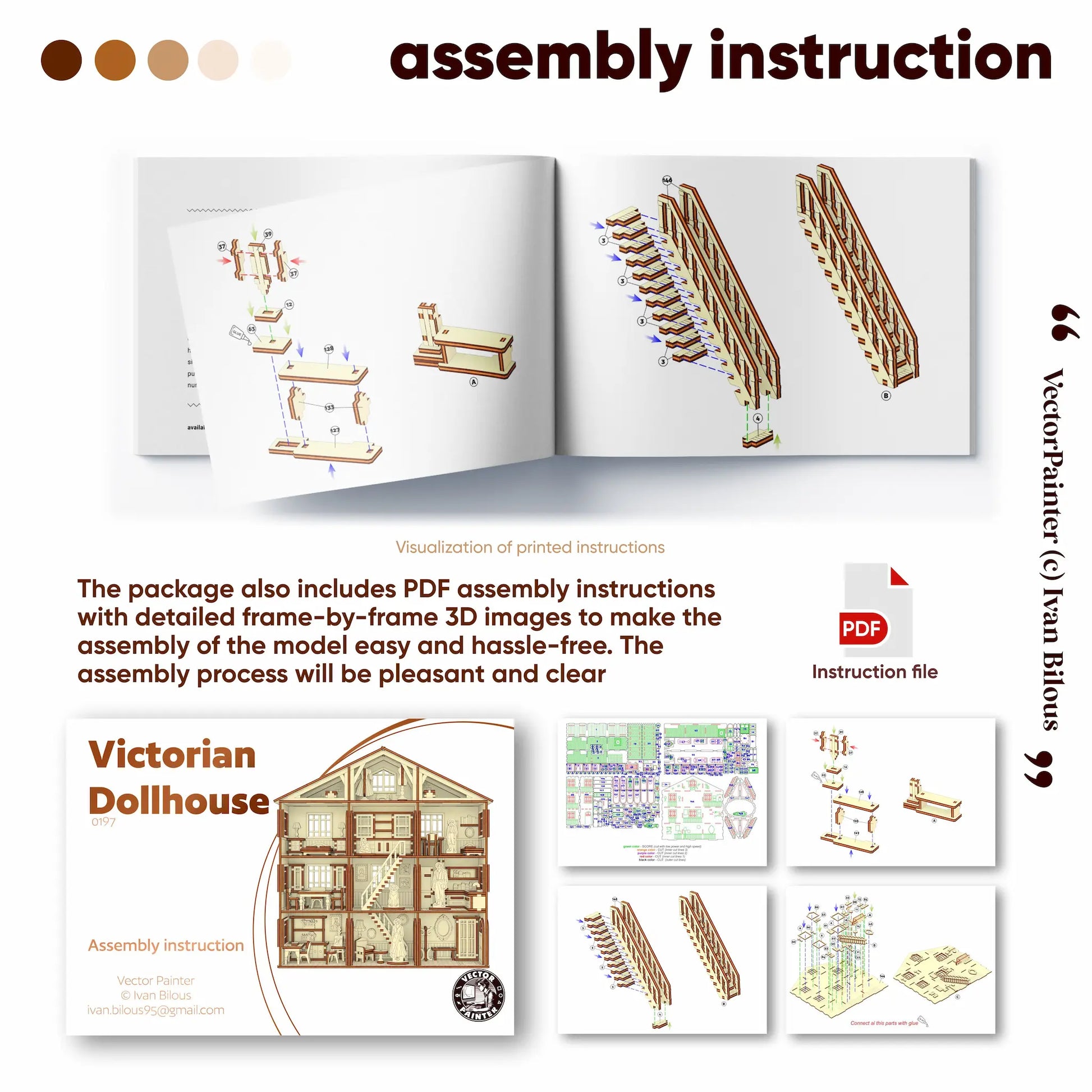 Assembly instruction manual for a Victorian dollhouse with diagrams and text.