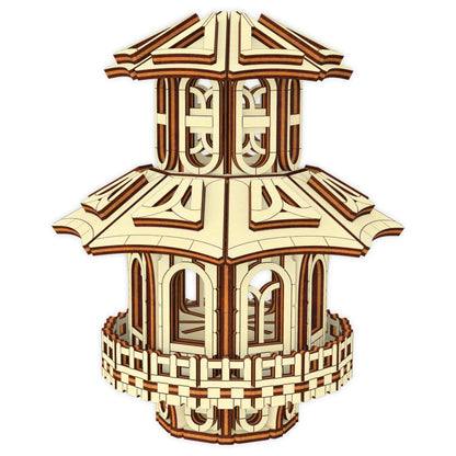 A gorgeous clean 3D render illustration of an intricate miniature multi-tier fairytale pagoda house from laser cut plywood.