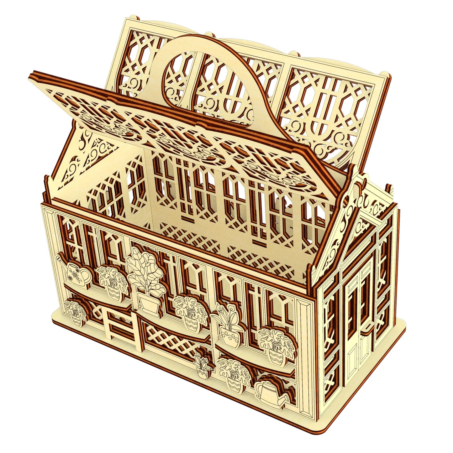 Top view 3D model of a laser cut plywood greenhouse chest with its lid partially open, showing the empty interior.