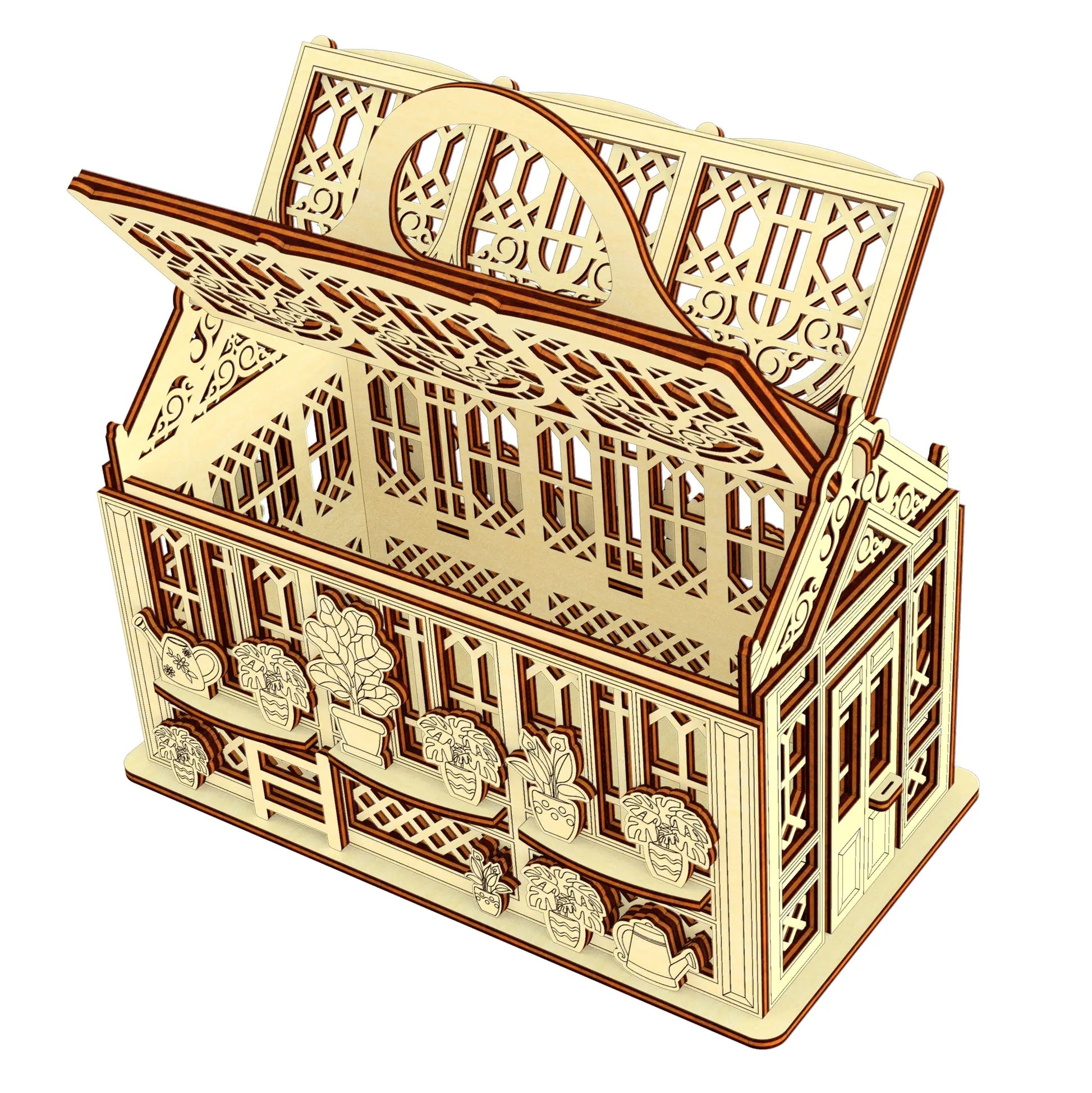 Top view 3D model of a laser cut plywood greenhouse chest with its lid partially open, showing the empty interior.