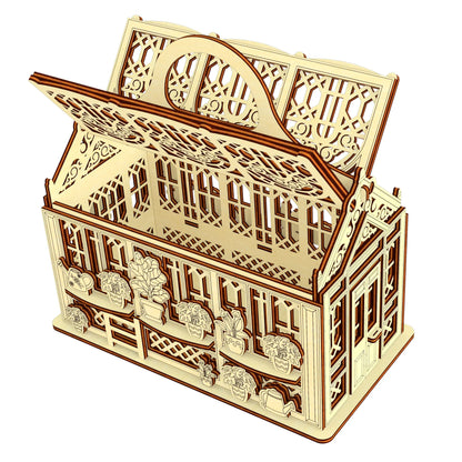 Top view 3D model of a laser cut plywood greenhouse chest with its lid partially open, showing the empty interior.