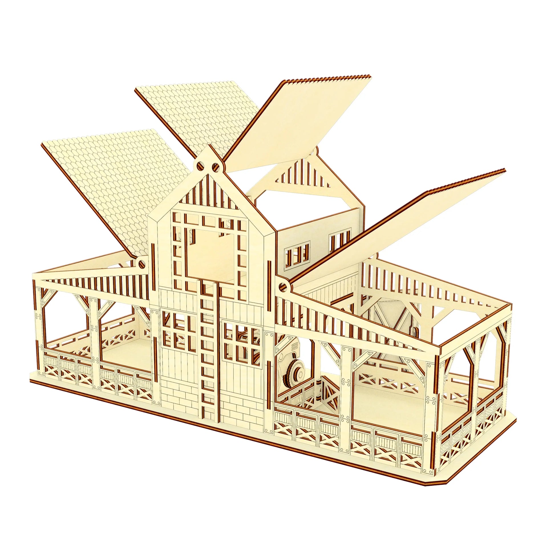 Rear view mockup of a wooden stable dollhouse with opened roof flaps, made from polished laser cut plywood lines.