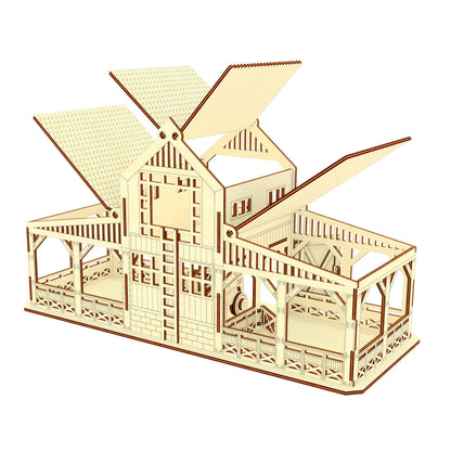 Rear view mockup of a wooden stable dollhouse with opened roof flaps, made from polished laser cut plywood lines.