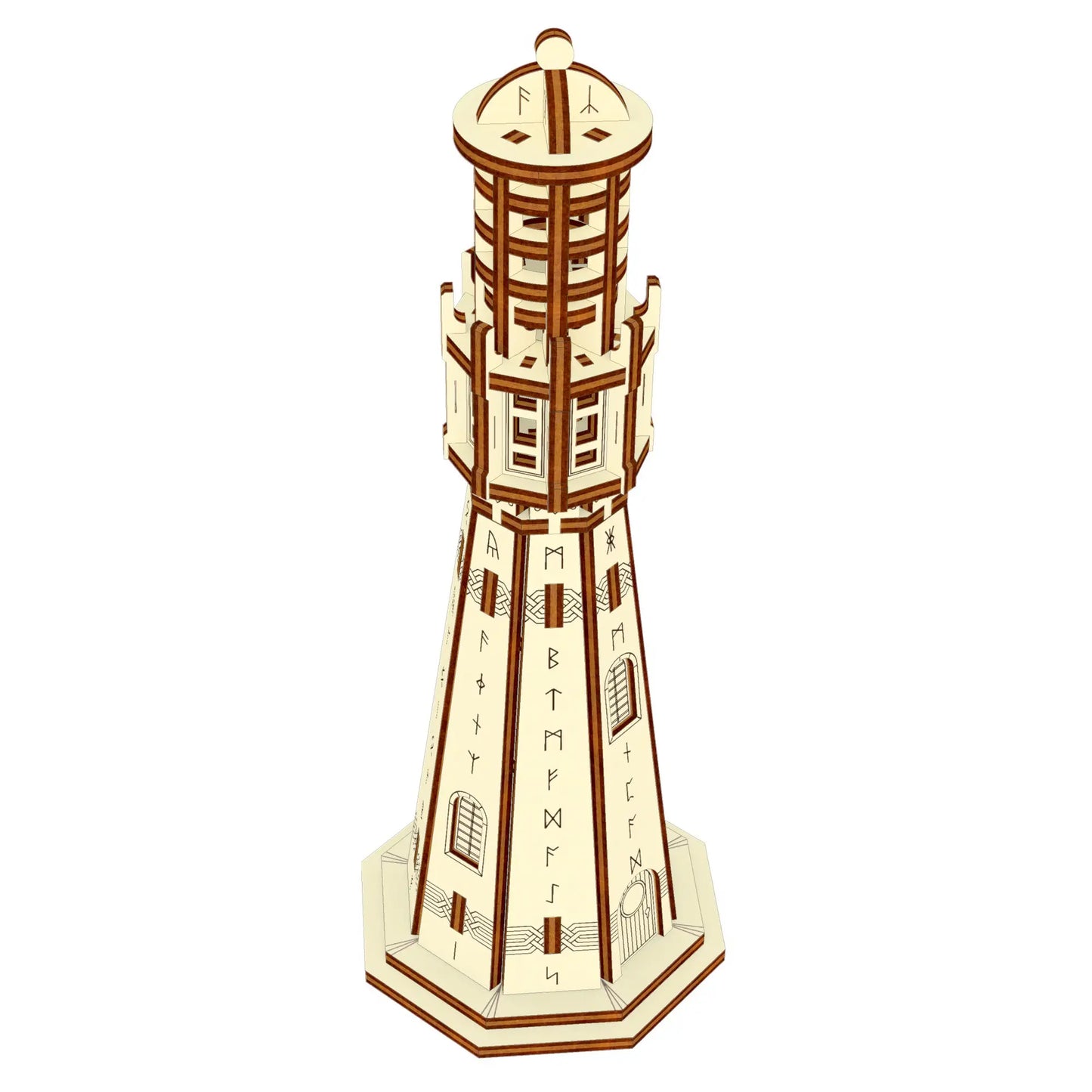 High angle view mockup of a complete miniature wooden lighthouse with Norse engravings made of laser cut plywood.