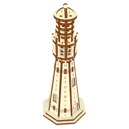 High angle view mockup of a complete miniature wooden lighthouse with Norse engravings made of laser cut plywood.