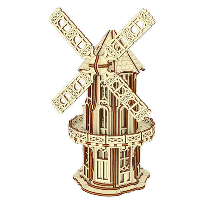An isolated front angle 3D render of an intricate Victorian mechanical windmill model made from laser cut plywood.