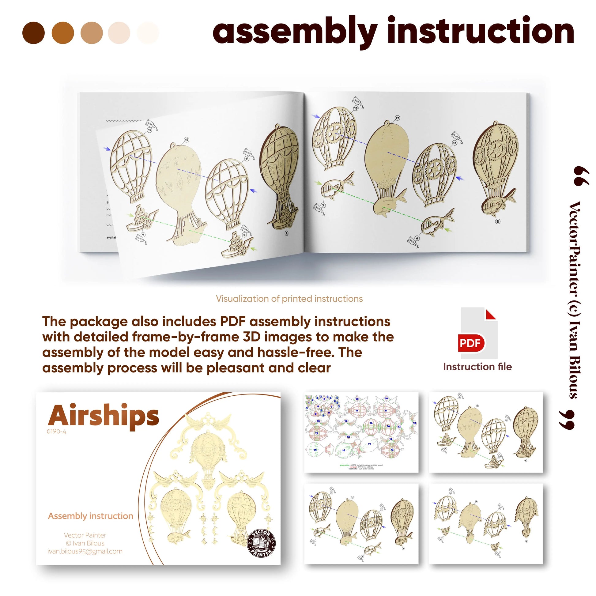 Assembly instruction manual for airship models with printed illustrations and PDF file.