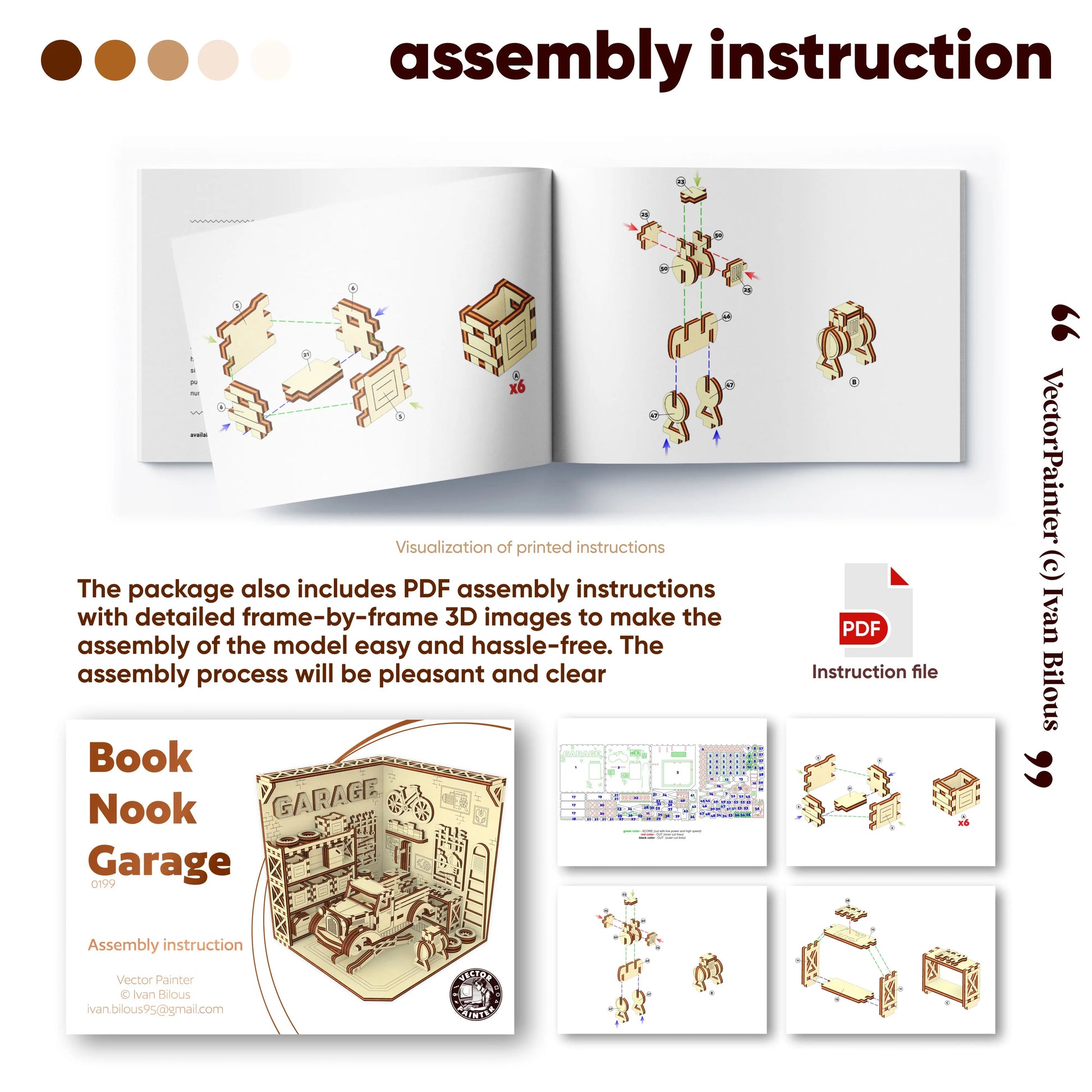 Assembly instructions for a 'Book Nook Garage' model with text and diagrams.