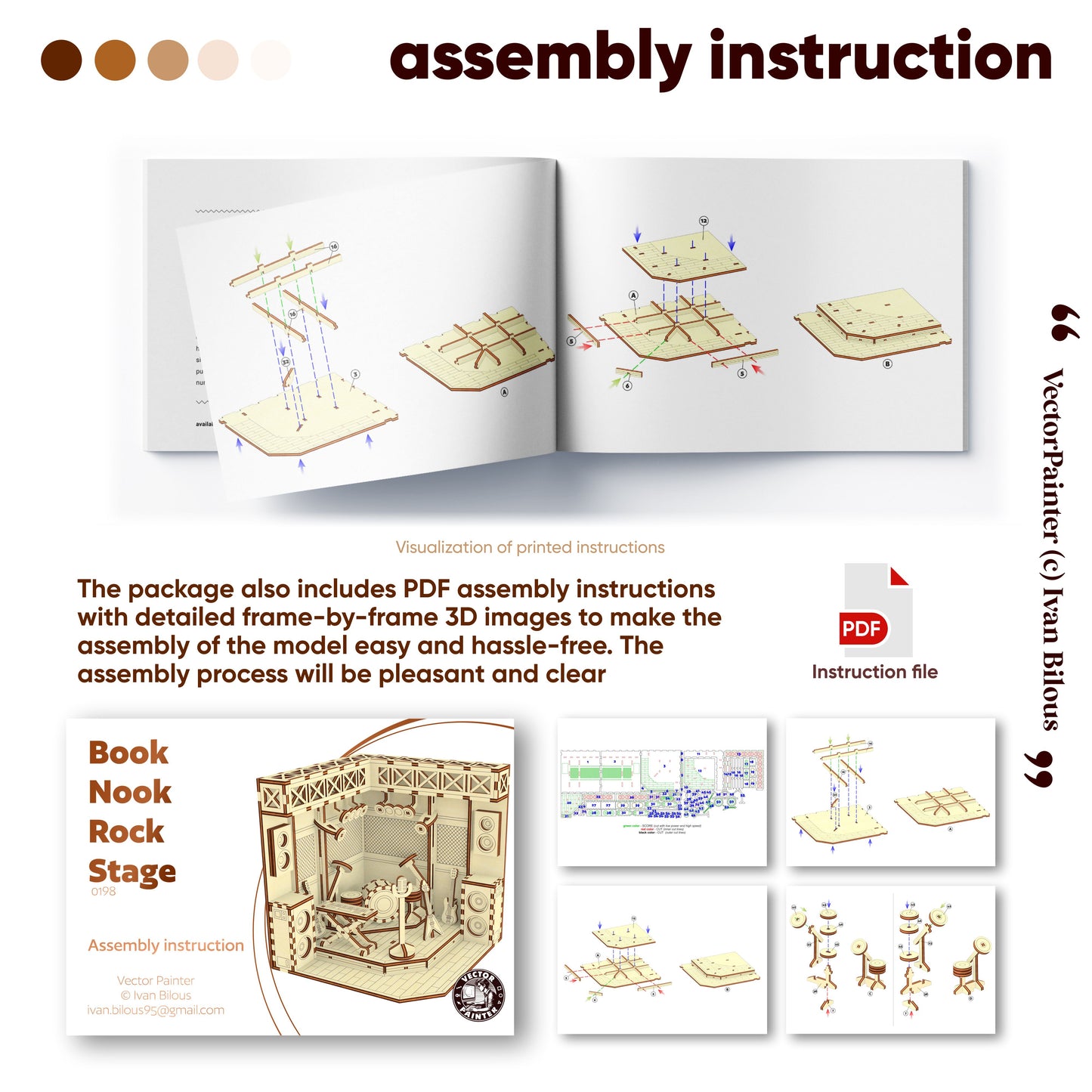 Assembly instruction laser cut book with diagrams and text on a white background