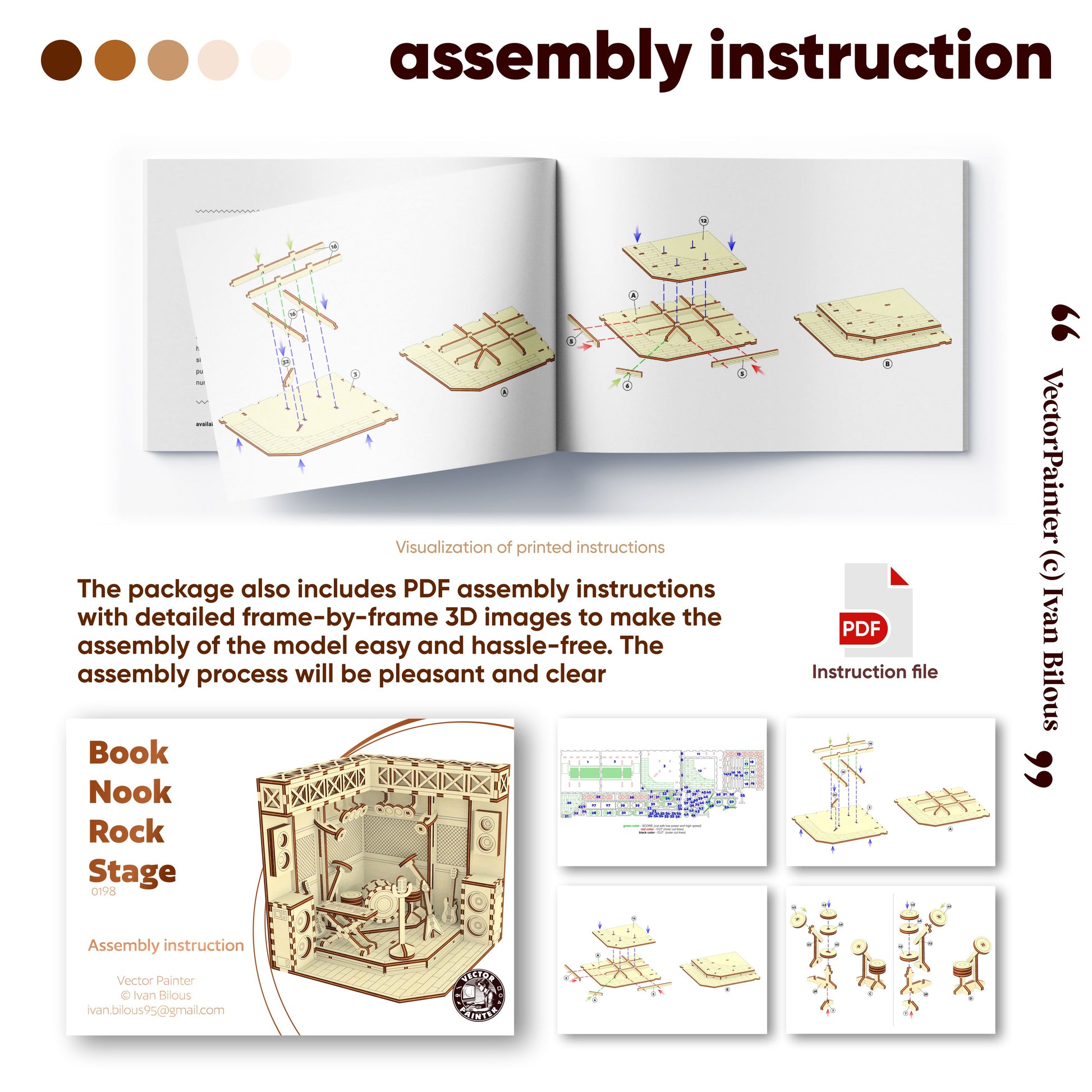 Assembly instruction laser cut book with diagrams and text on a white background