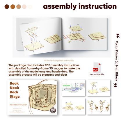 Assembly instruction laser cut book with diagrams and text on a white background