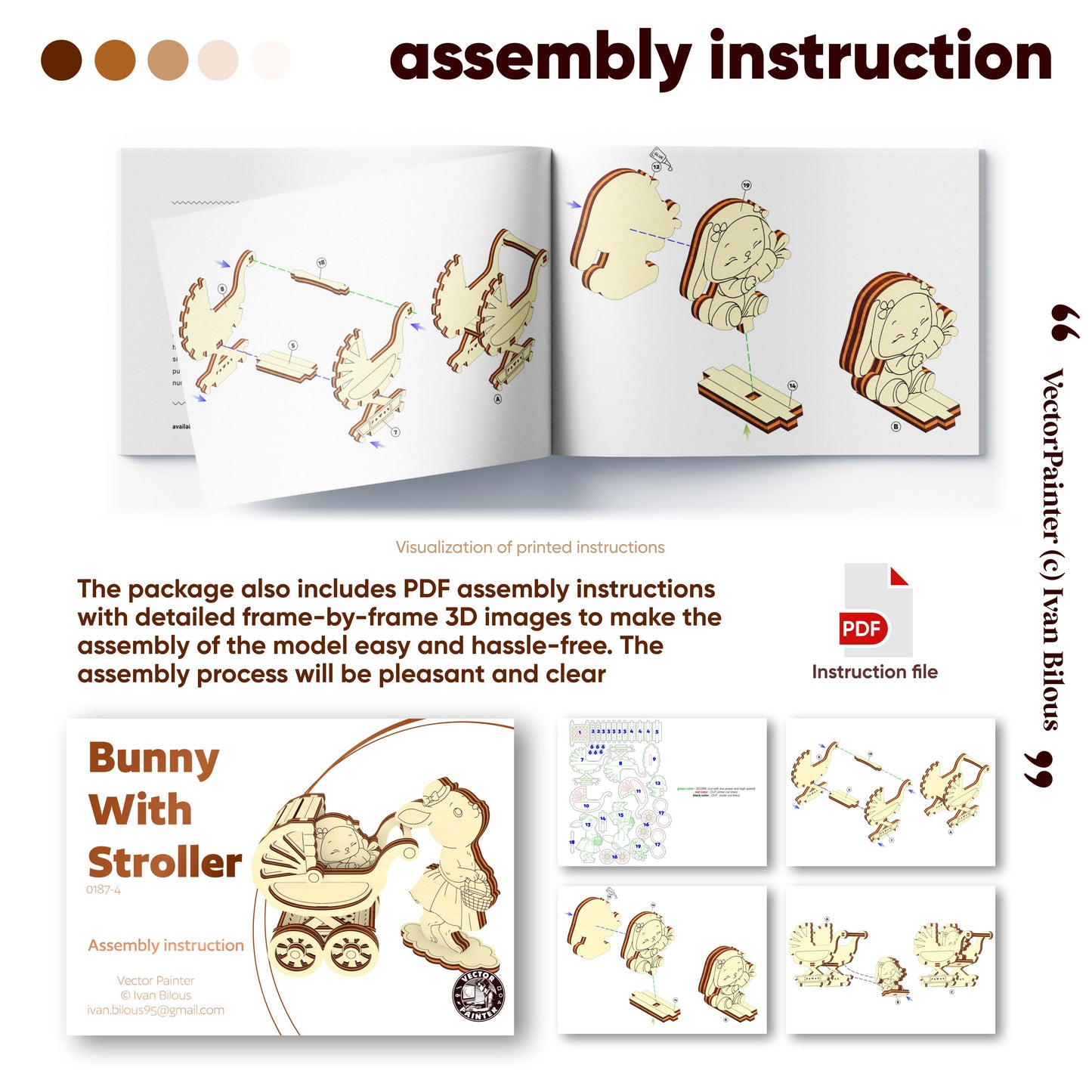 Assembly instructions for a wooden bunny with stroller model, including PDF file.