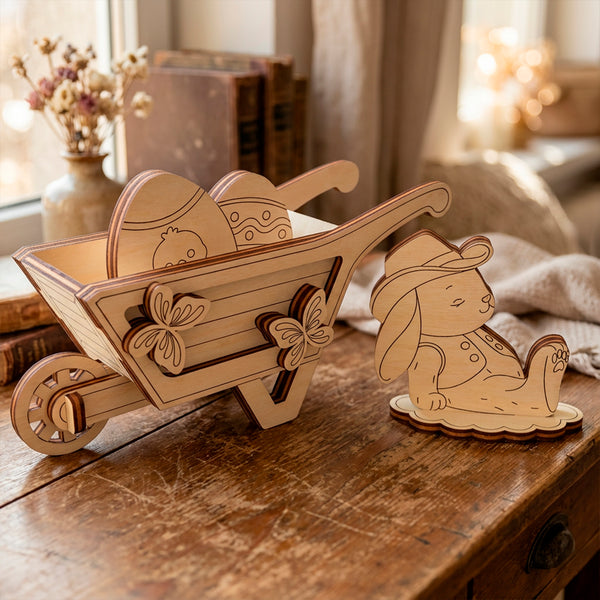 Wooden laser cut wheelbarrow with rabbit and Easter eggs on a wooden surface
