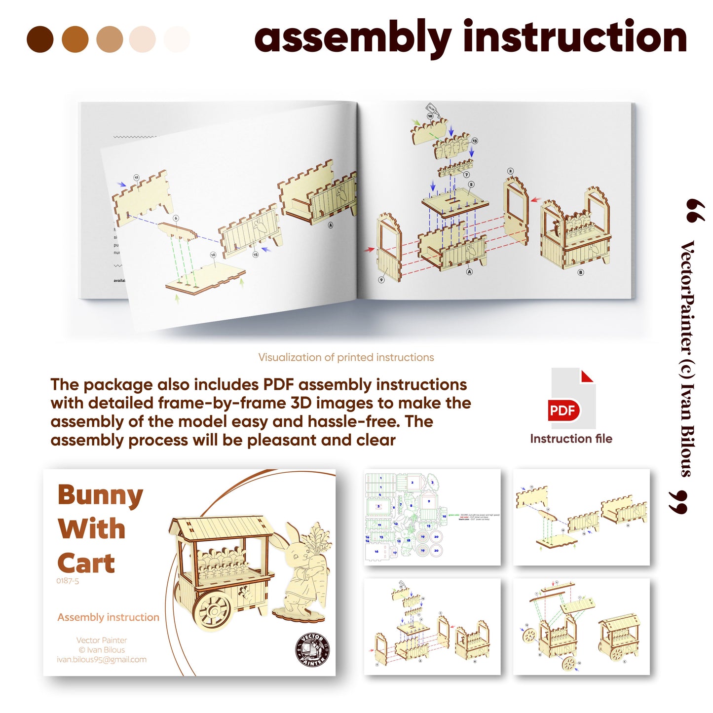 Wooden model kit assembly instructions with PDF file on a white background