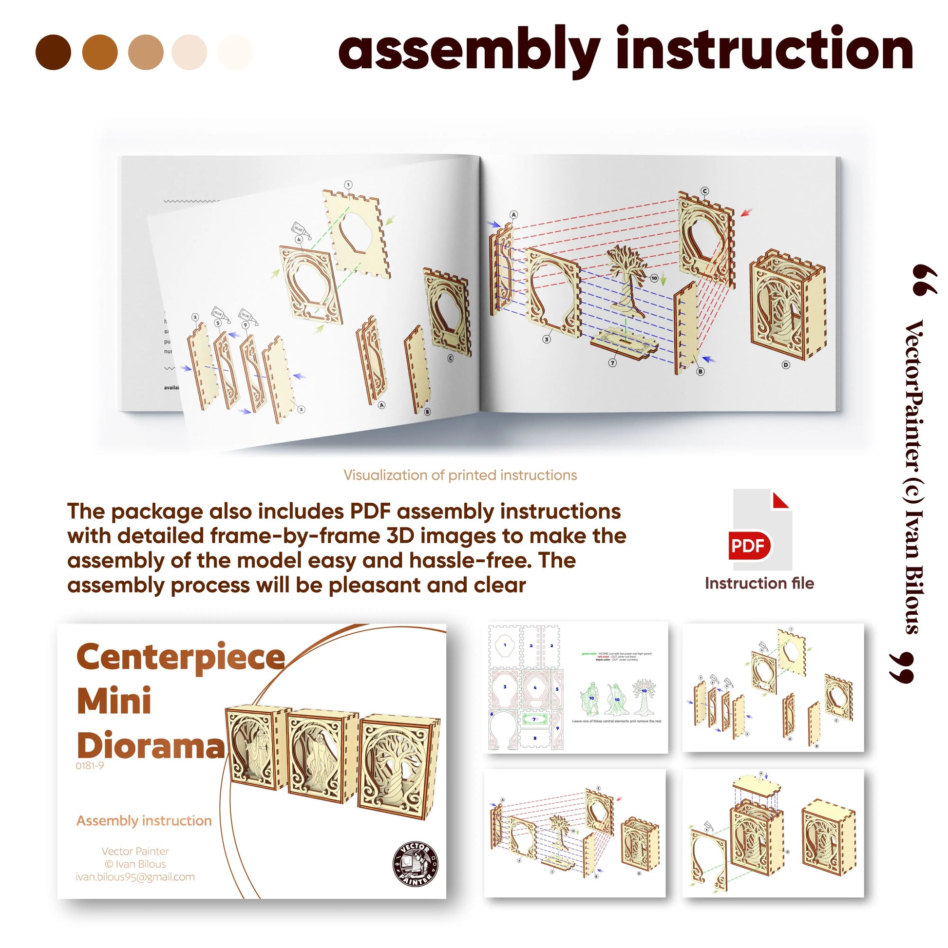 Assembly instructions for a centerpiece mini diorama with 3D images and text.