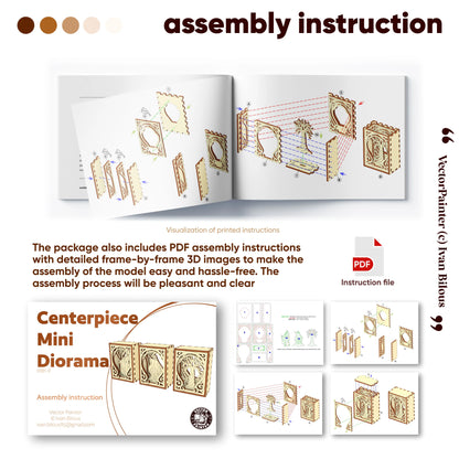 Assembly instructions for a centerpiece mini diorama with 3D images and text.