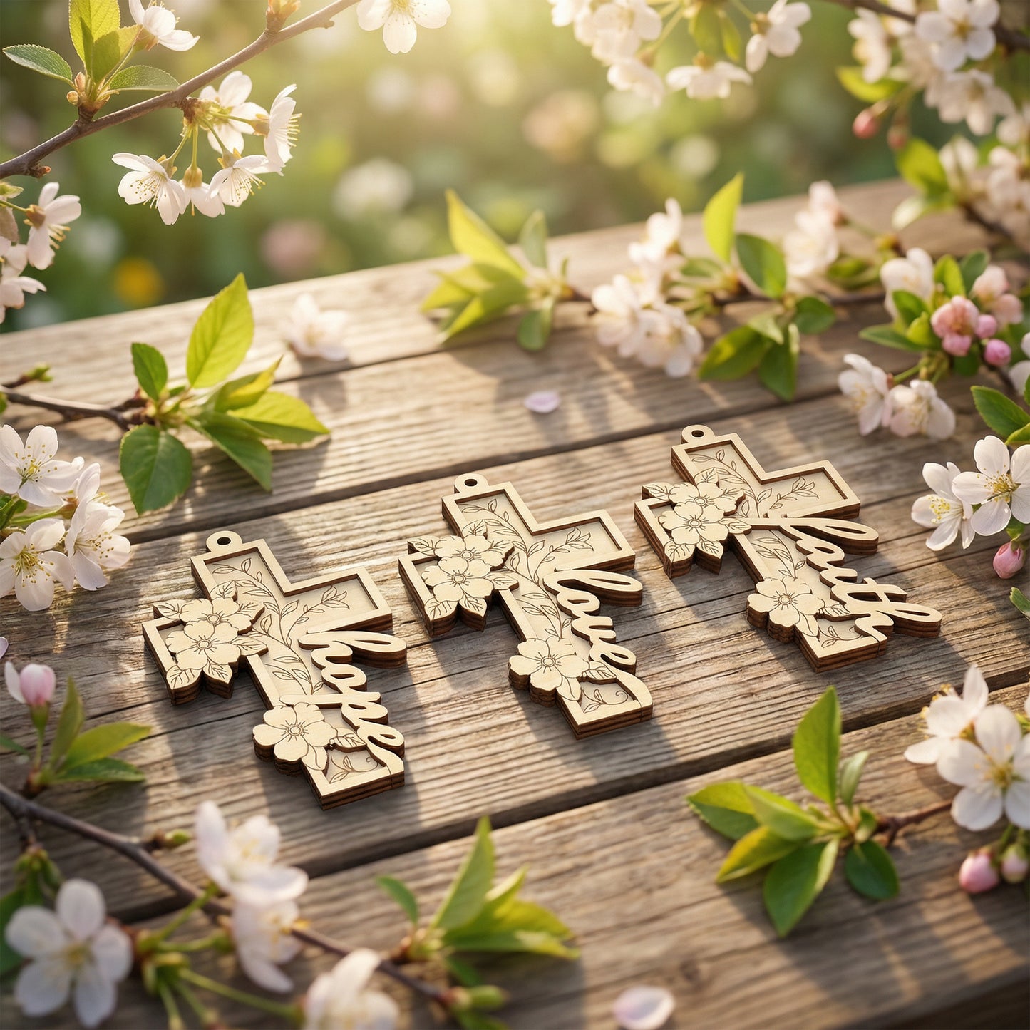Wooden laser cut cross-shaped pendants with engraved designs on a wooden surface with cherry blossoms.