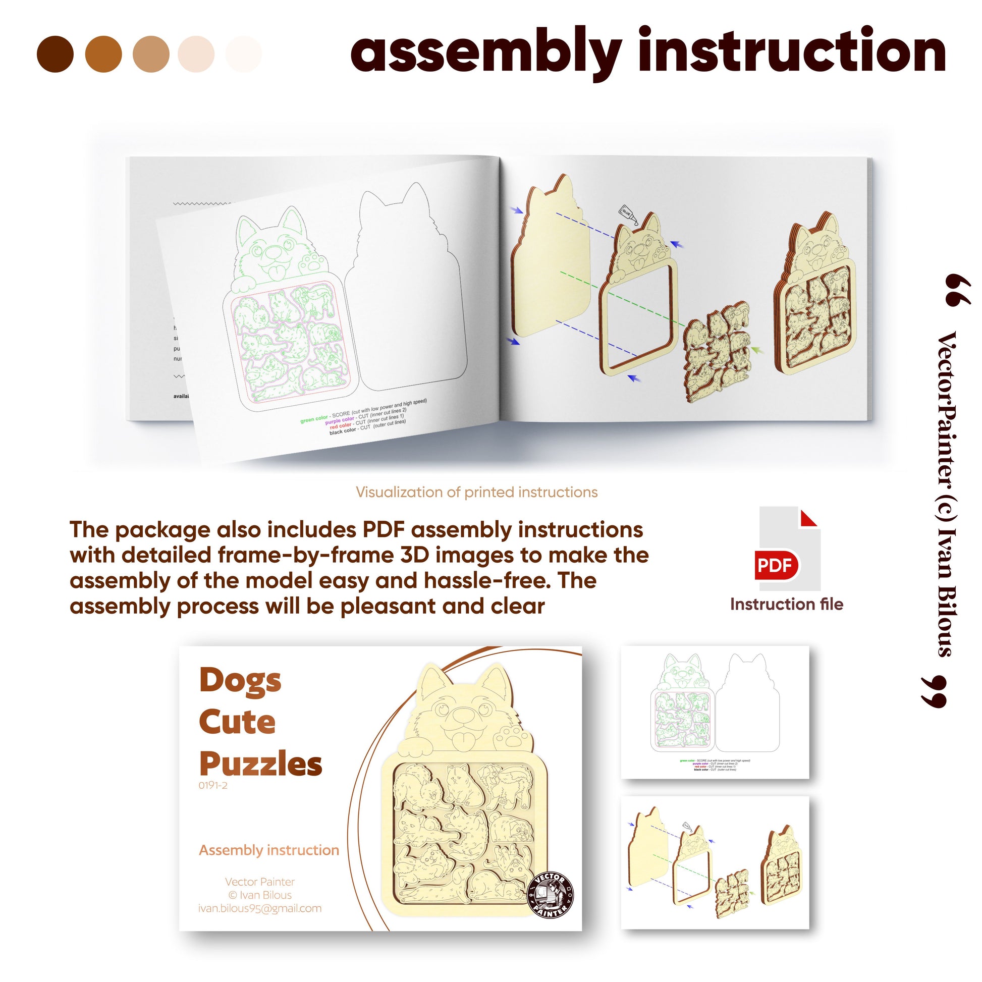 Assembly instruction manual for laser cut file of 'Dogs Cute Puzzles' with 3D images and text.
