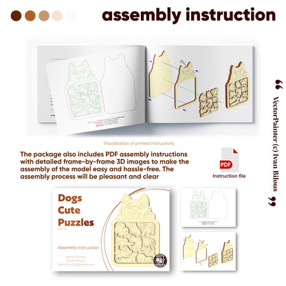 Assembly instruction manual for laser cut file of 'Dogs Cute Puzzles' with 3D images and text.